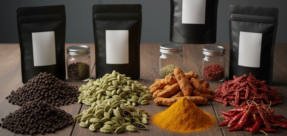 Premium Kerala single spices India private label organic spice manufacturing - black pepper, cardamom, turmeric, and red chili varieties from India