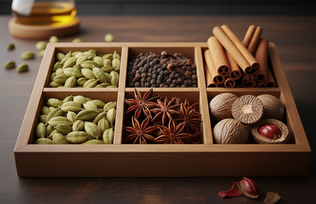 Premium whole spices from Kerala for private label organic spice manufacturing - black pepper, green cardamom, cloves, cinnamon, star anise, nutmeg